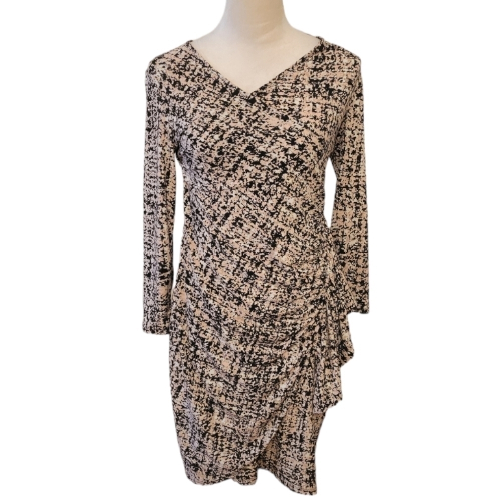 Calvin Klein Tan Faux Wrap Graphic Print Dress Size 2‎
